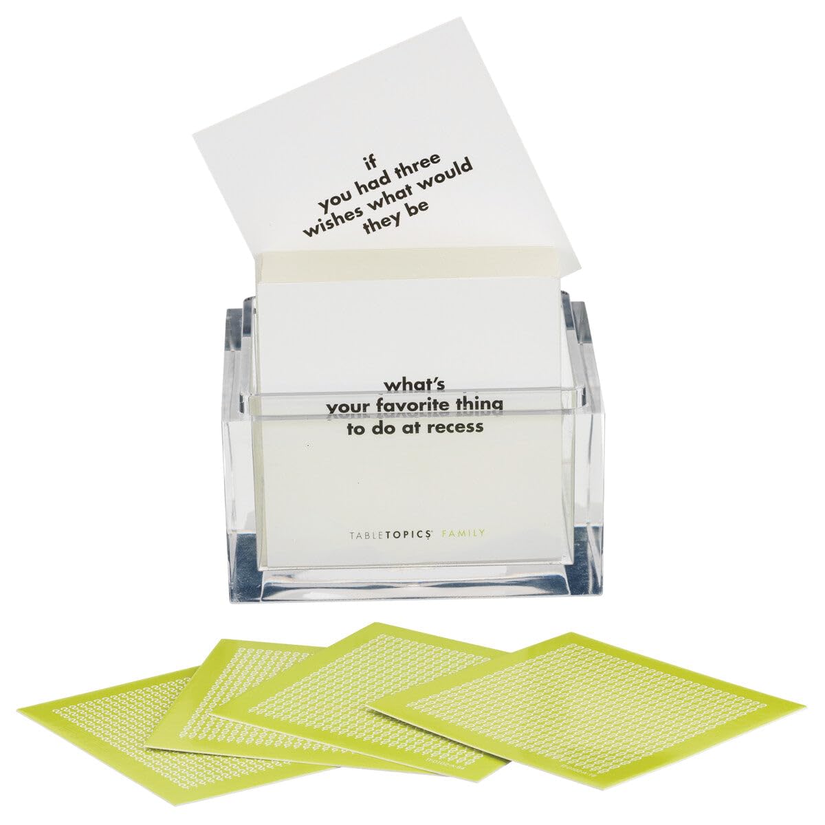 TableTopics cards inside a clear cube container on a dining table