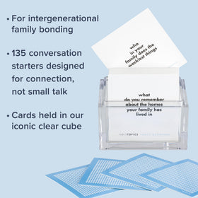 TableTopics cards inside the clear cube container on the table.