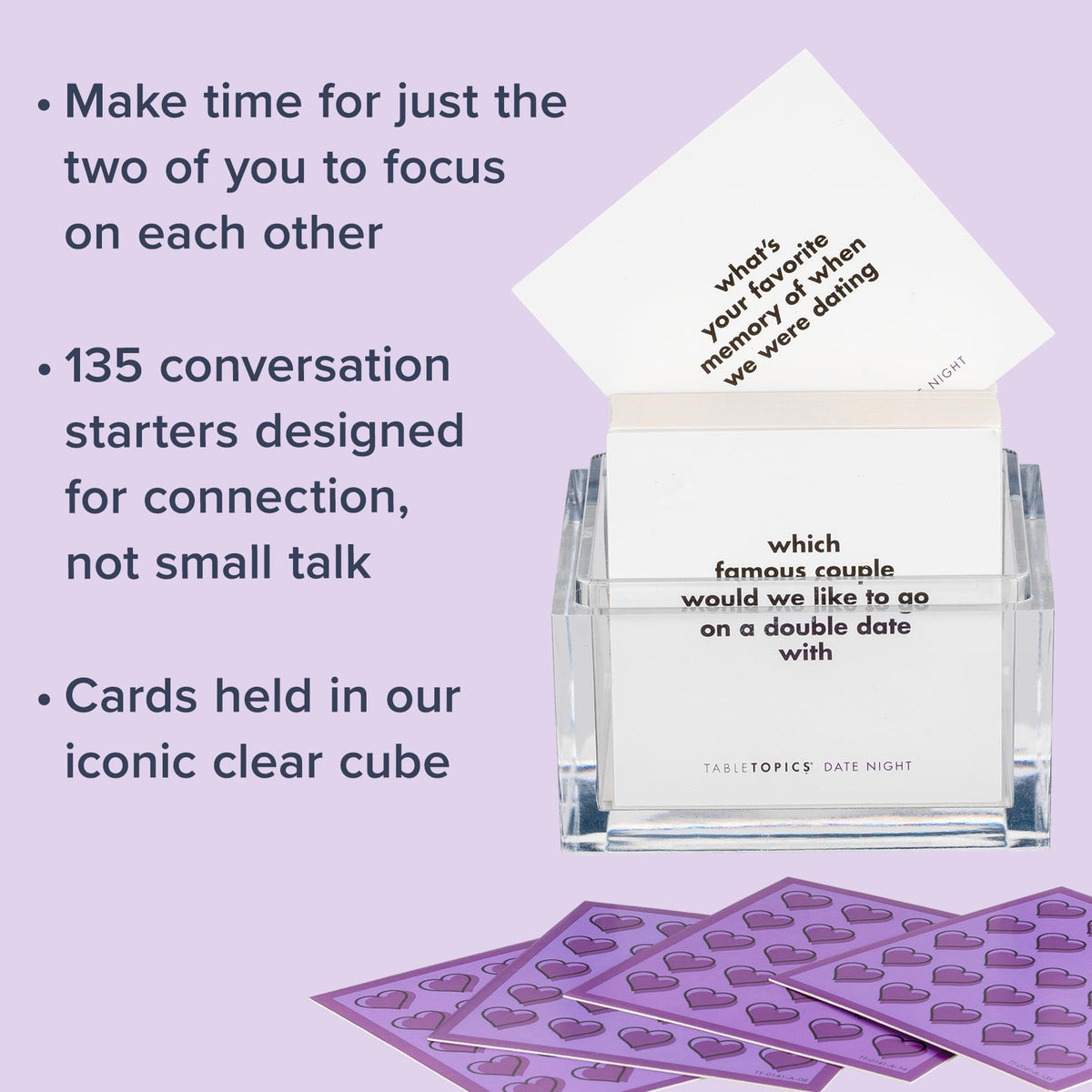 Closeup of TableTopics Date Night cards with prompts and designs.
