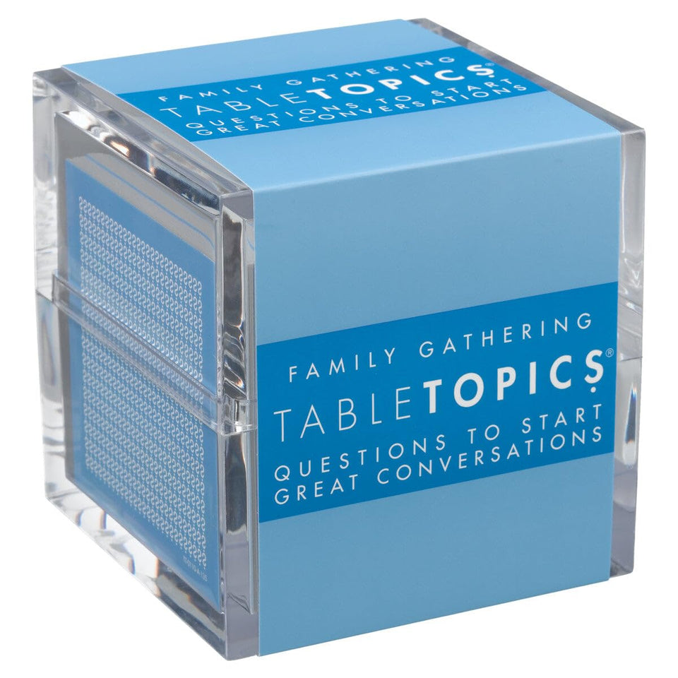 TableTopics family gathering cards in a clear cube ready for reunions.