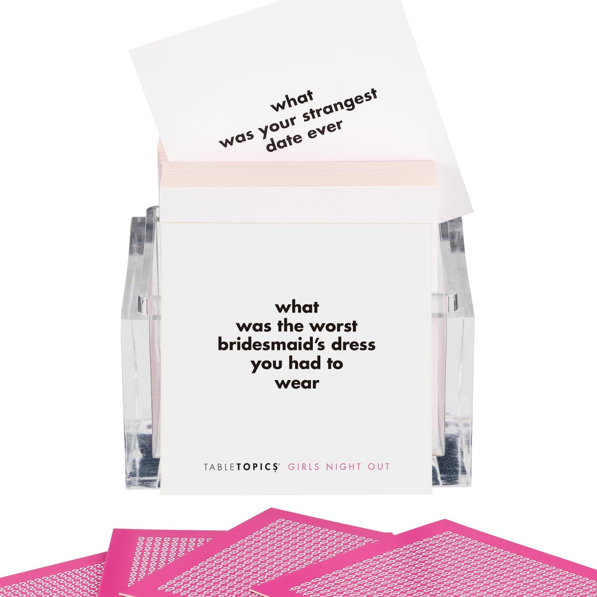 TableTopics Girls Night Out close-up questions invite hilarious, thought-provoking discussions.