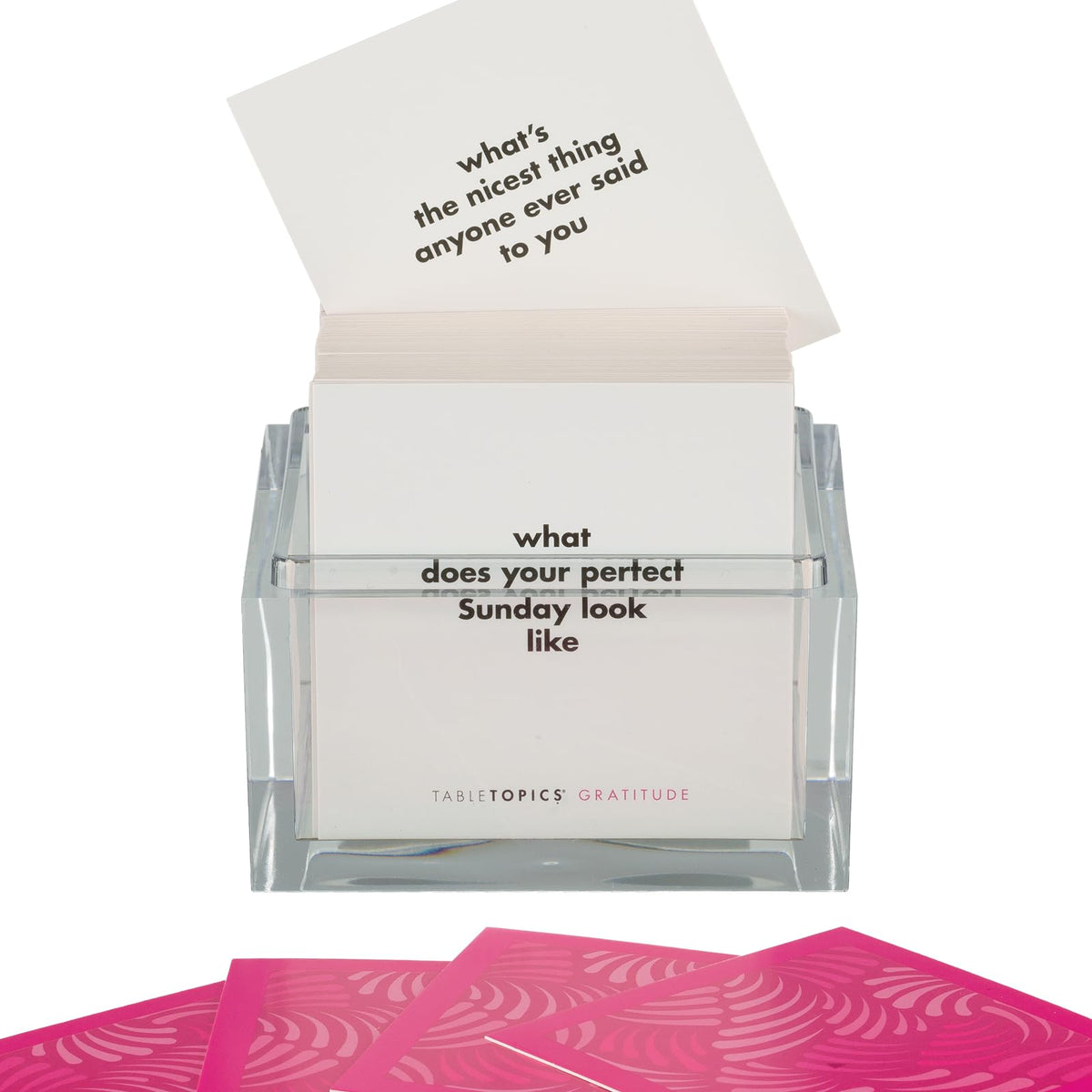TableTopics Gratitude cards in a clear cube container for easy access.