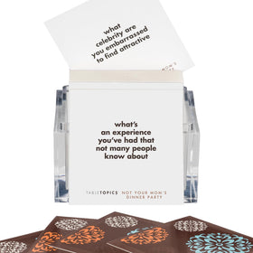 TableTopics Not Your Mom's Dinner Party questions set displayed for guests.