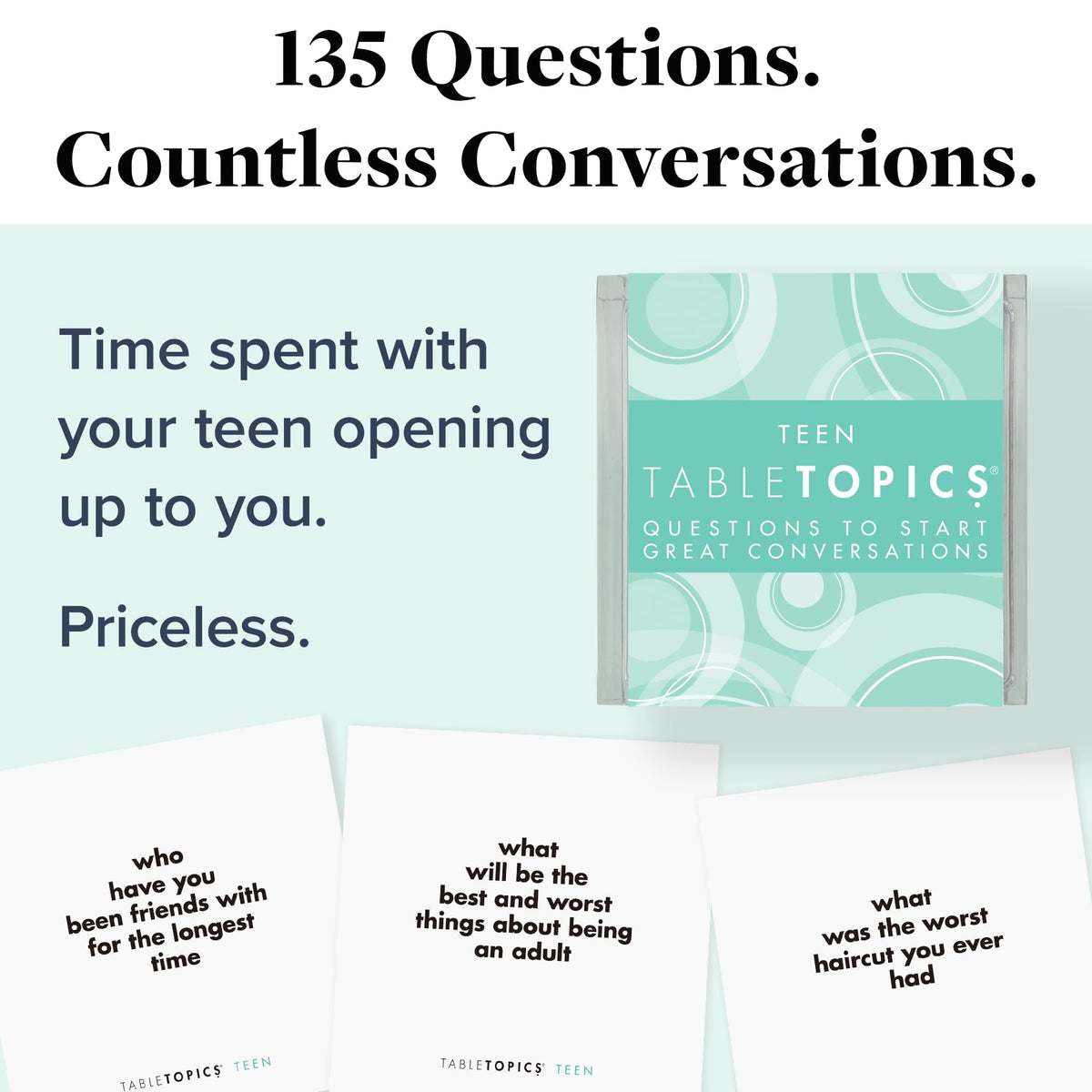 TableTopics Teen cards in a clear cube container invite quick icebreakers