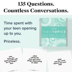TableTopics Teen cards in a clear cube container invite quick icebreakers