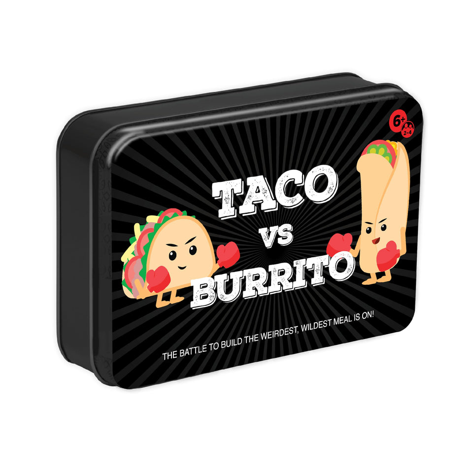 Taco vs Burrito collector tin top view shows organized cards for travel