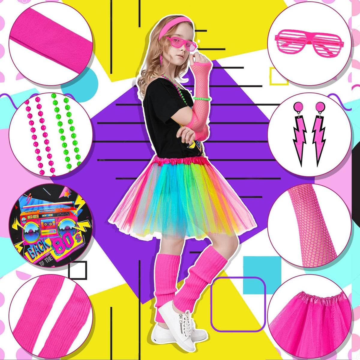 Tacobear 80s costume set tutu skirt with elastic waist for easy dress-up