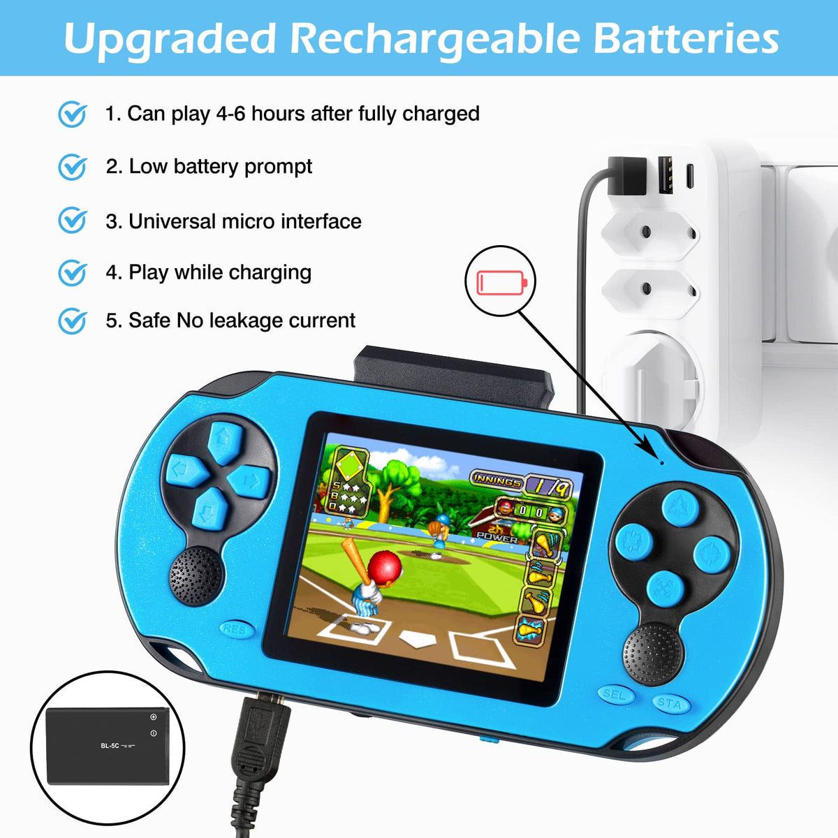 TaddToy 16-bit handheld blue cartridge area features three included game cartridges.