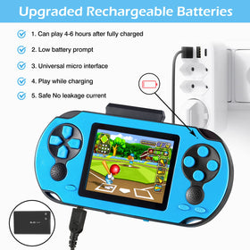 TaddToy 16-bit handheld blue cartridge area features three included game cartridges.