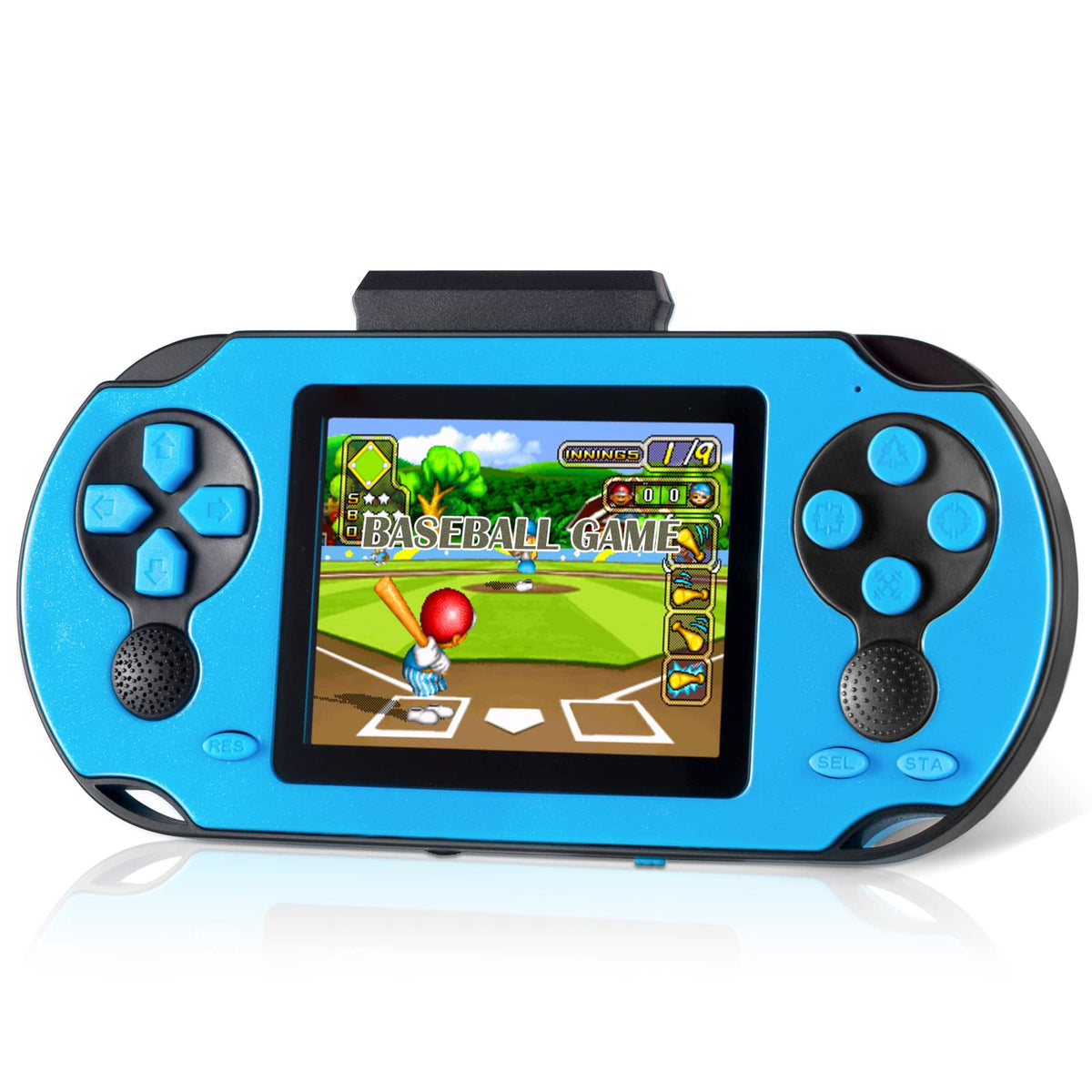 TaddToy 16-bit handheld blue front view shows compact travel-friendly design.