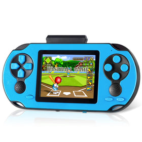 TaddToy 16-bit handheld blue front view shows compact travel-friendly design.