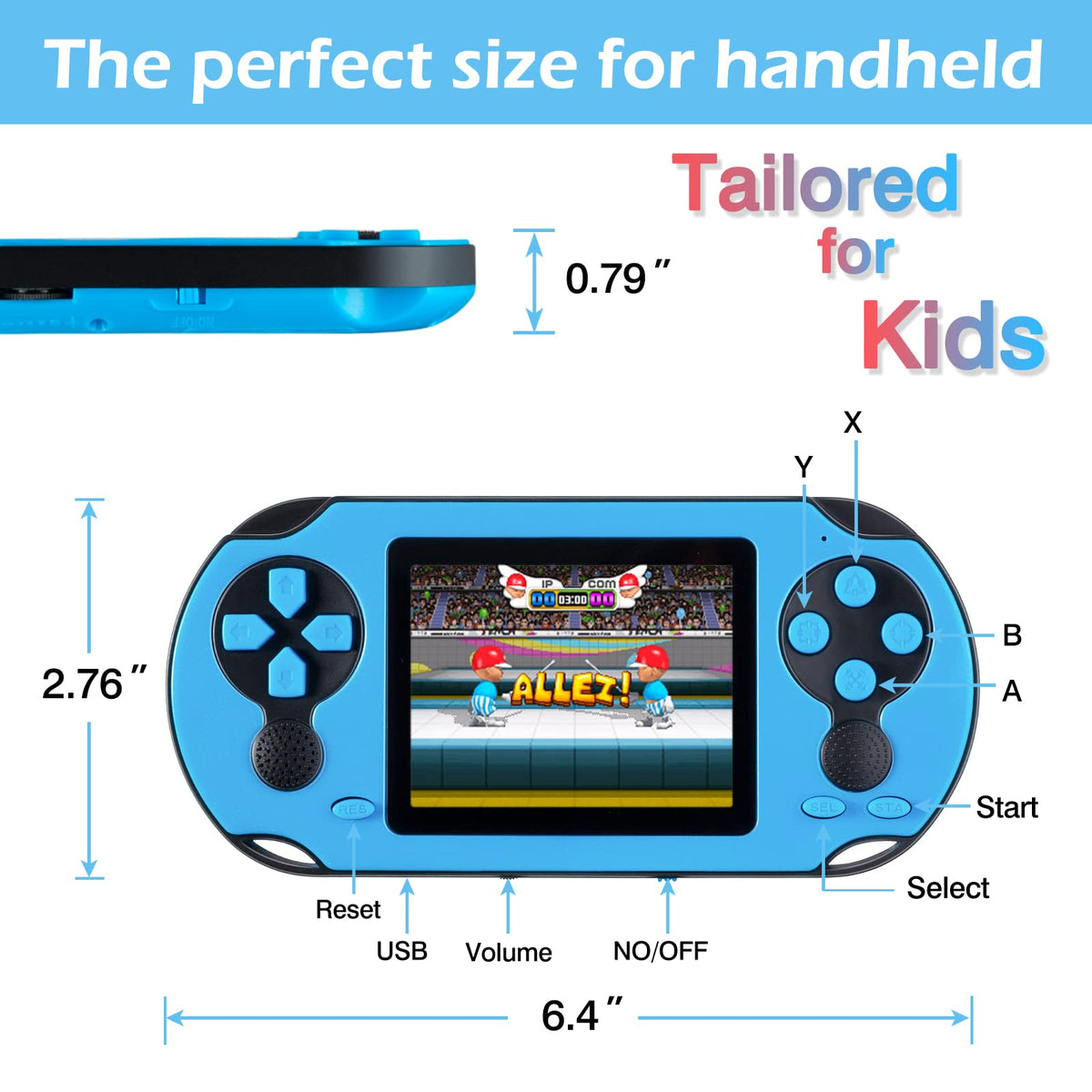 TaddToy 16-bit handheld blue in-hand use demonstrates comfortable grip for kids and adults.