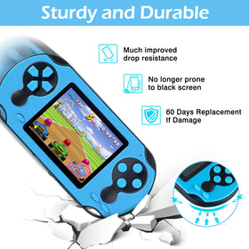TaddToy 16-bit handheld blue USB charging port demonstrates easy recharge while gaming.