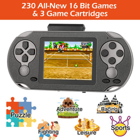 TaddToy 16 Bit handheld side view with ergonomic grip for extended play sessions.