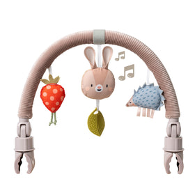 Taf Toys Activity Arch on stroller with colorful butterflies stimulates visual exploration.