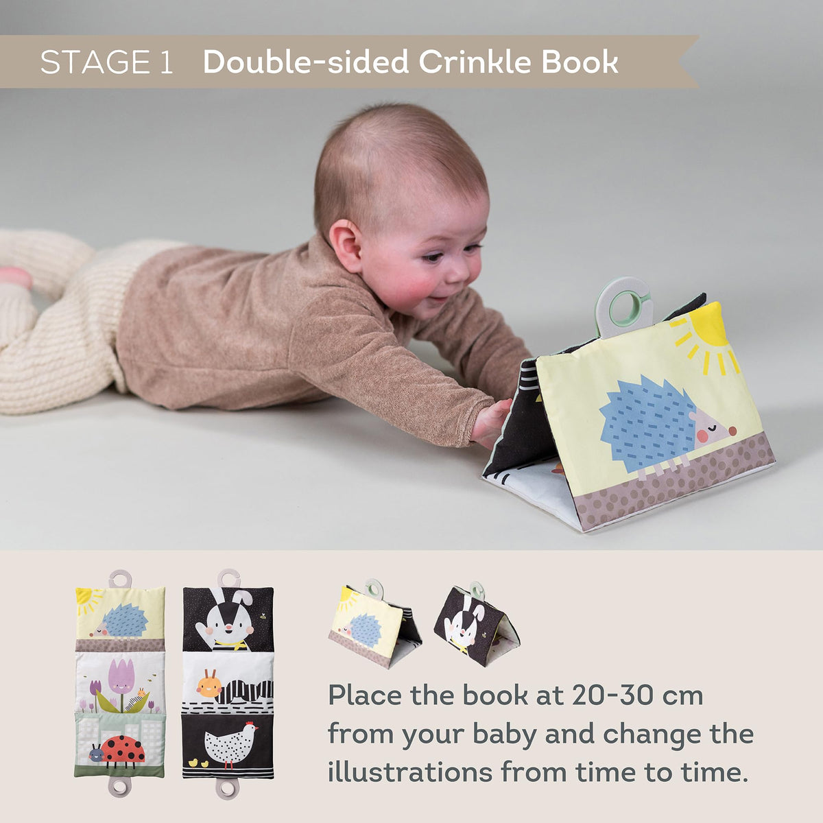 Taf Toys dual-sided crinkle book for auditory and tactile engagement