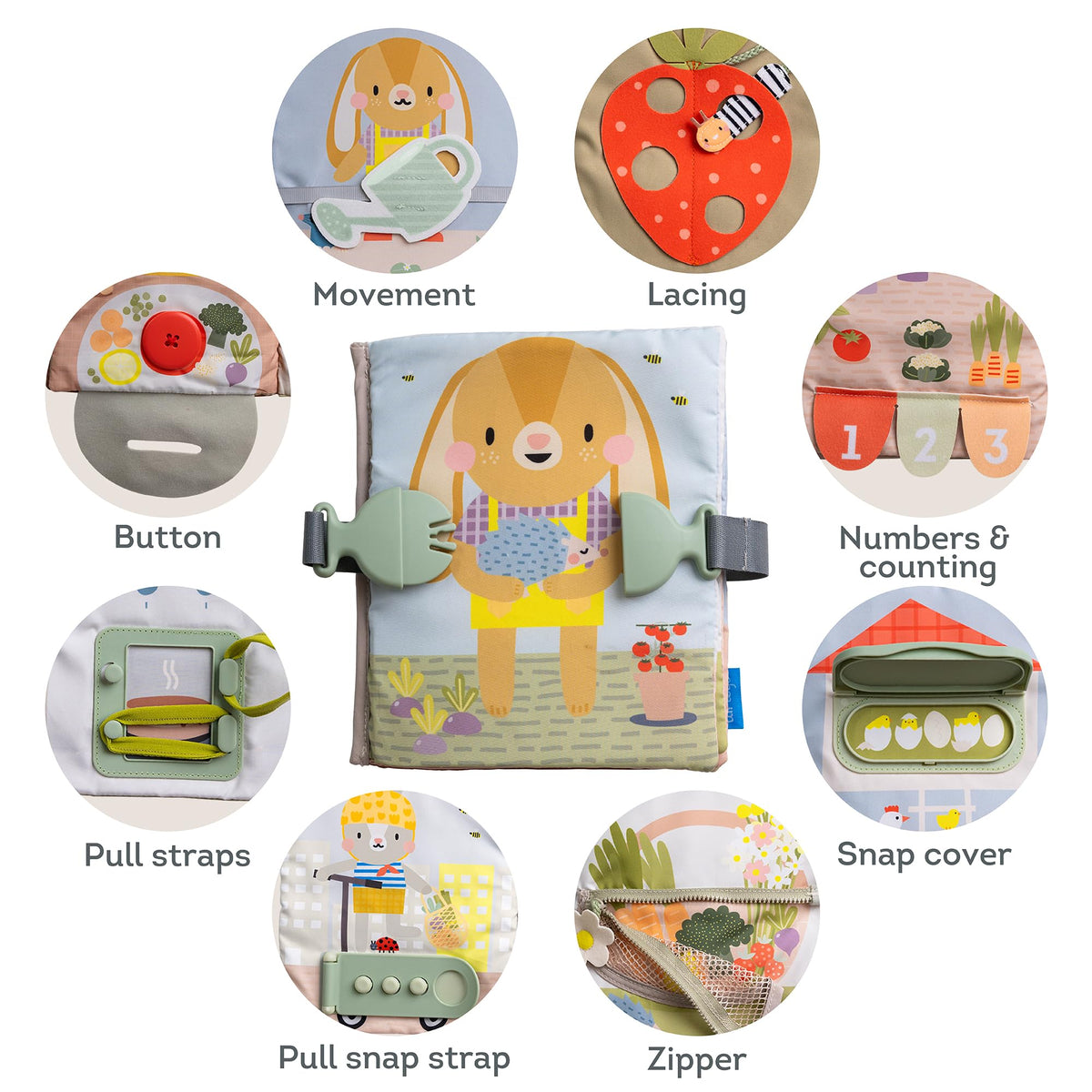 Taf Toys Busy Book buckle and snap practice supports independent dressing tasks