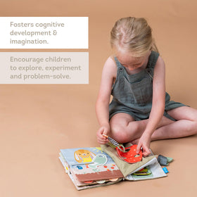 Taf Toys Busy Book soft fabric pages are durable for enthusiastic toddlers