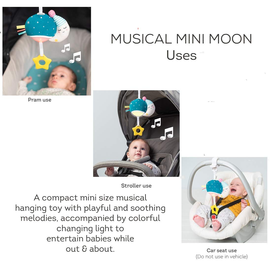 Taf Toys Musical Mini Moon attachment clip secures to stroller or car seat.