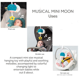 Taf Toys Musical Mini Moon attachment clip secures to stroller or car seat.