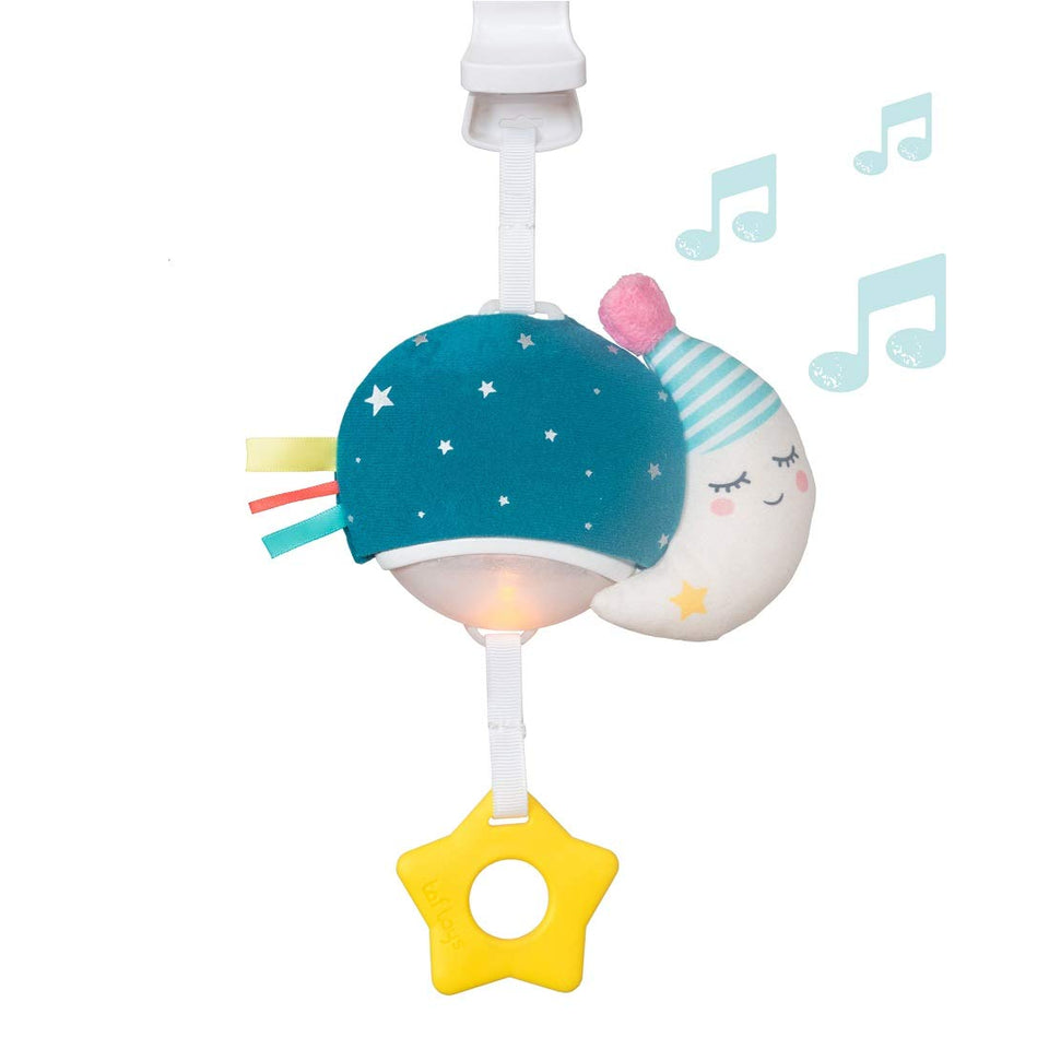Taf Toys Musical Mini Moon pull-down star activates travel-friendly soothing melodies.