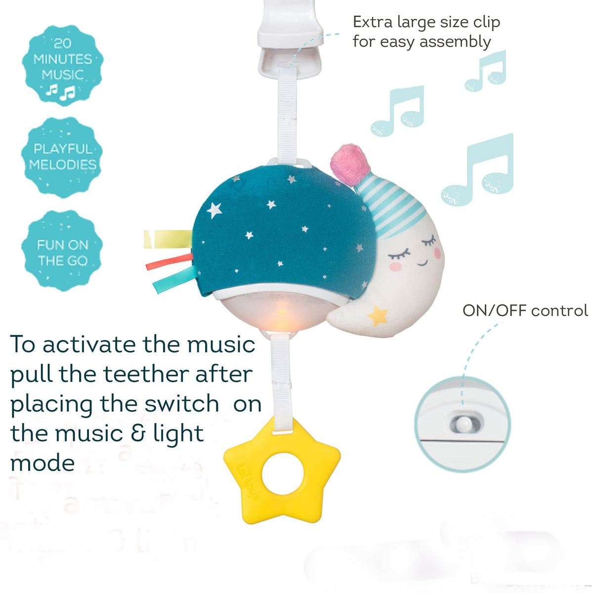 Taf Toys Musical Mini Moon soothing sounds aid quiet moments on walks.