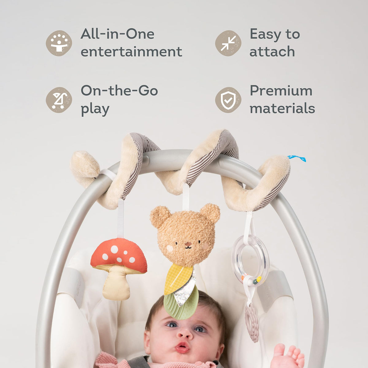 Taf Toys Bear Hug Spiral plush bear with mushroom teether for sensory exploration.