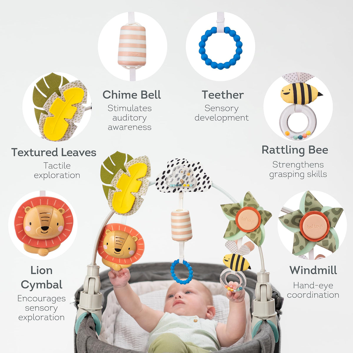 Taf Toys Savannah Adventures arch features a chime bell to support early sound awareness.
