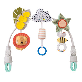 Taf Toys Savannah Adventures arch with lion cymbals stimulates hearing during stroller time.