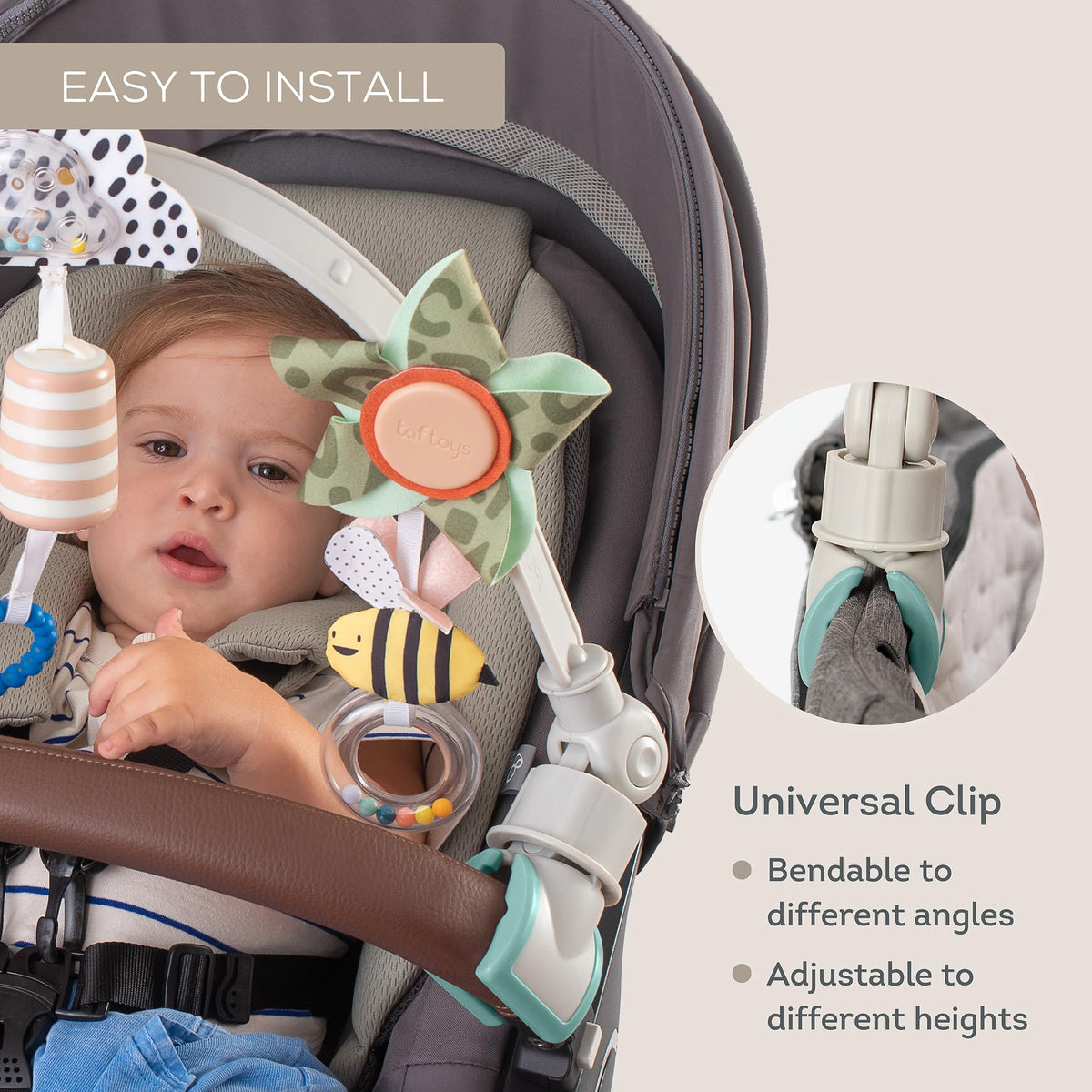 Taf Toys Savannah Adventures arch's three hanging toys invite reach and exploration on the go.