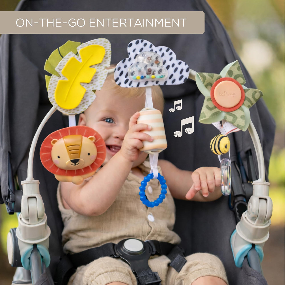 Taf Toys Savannah Adventures arch universal clips attach securely to strollers, car seats, and bassinets.