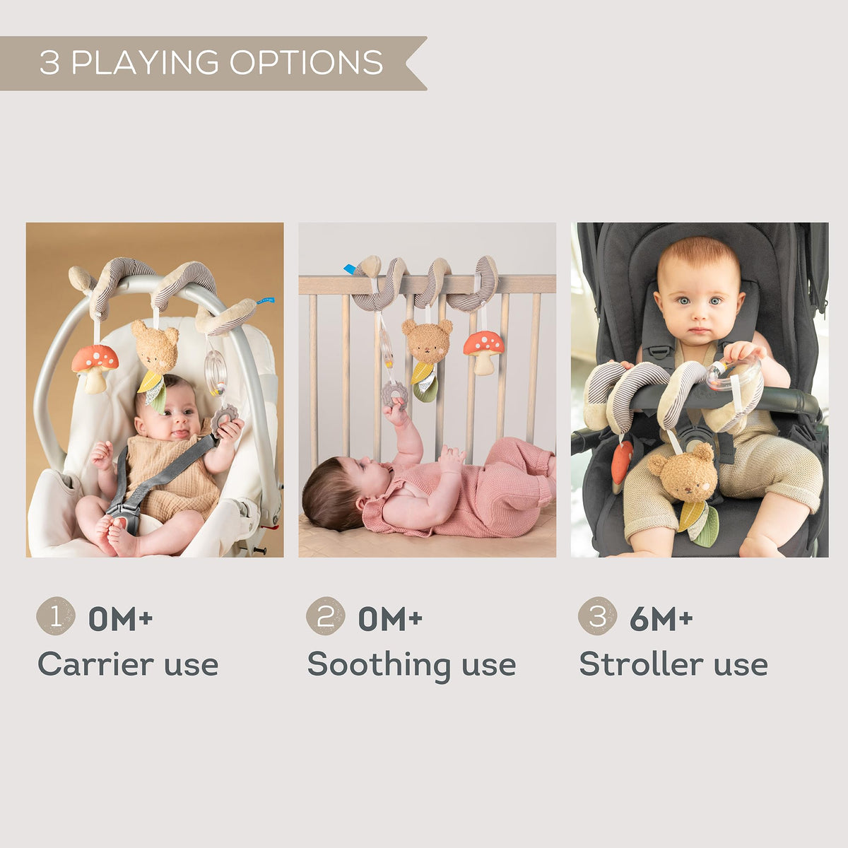 Taf Toys Bear Hug Spiral wraps securely around car seats for safe use.