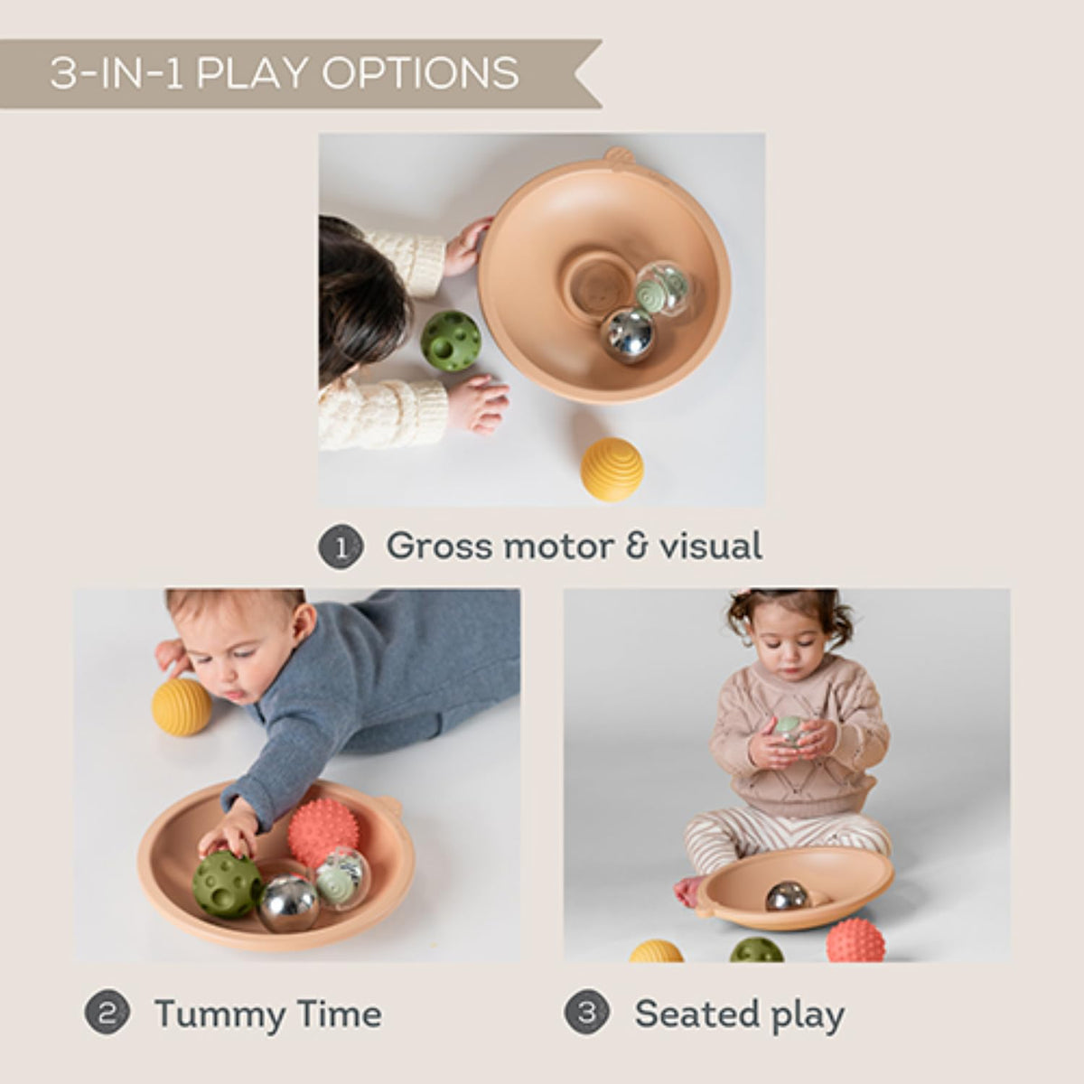 Taf Toys sensory balls textures displayed for tactile exploration during tummy time.