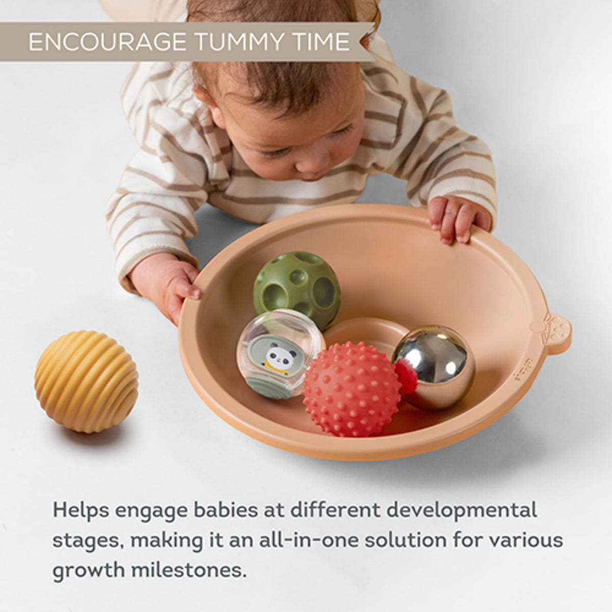 Taf Toys play tray close-up shows textured balls ideal for safe teething exploration.