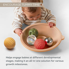 Taf Toys play tray close-up shows textured balls ideal for safe teething exploration.