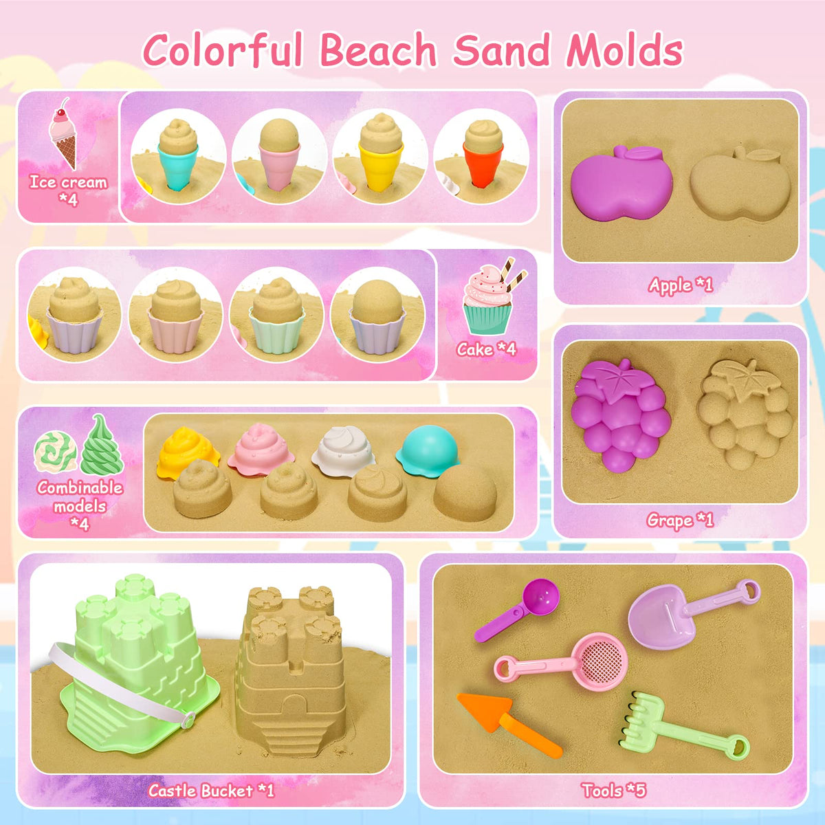 Tagitary ice cream cake molds encourage imaginative pretend treats during beach time.