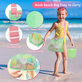 Tagitary mesh beach bag simplifies carrying toys and shells for easy beach trips.