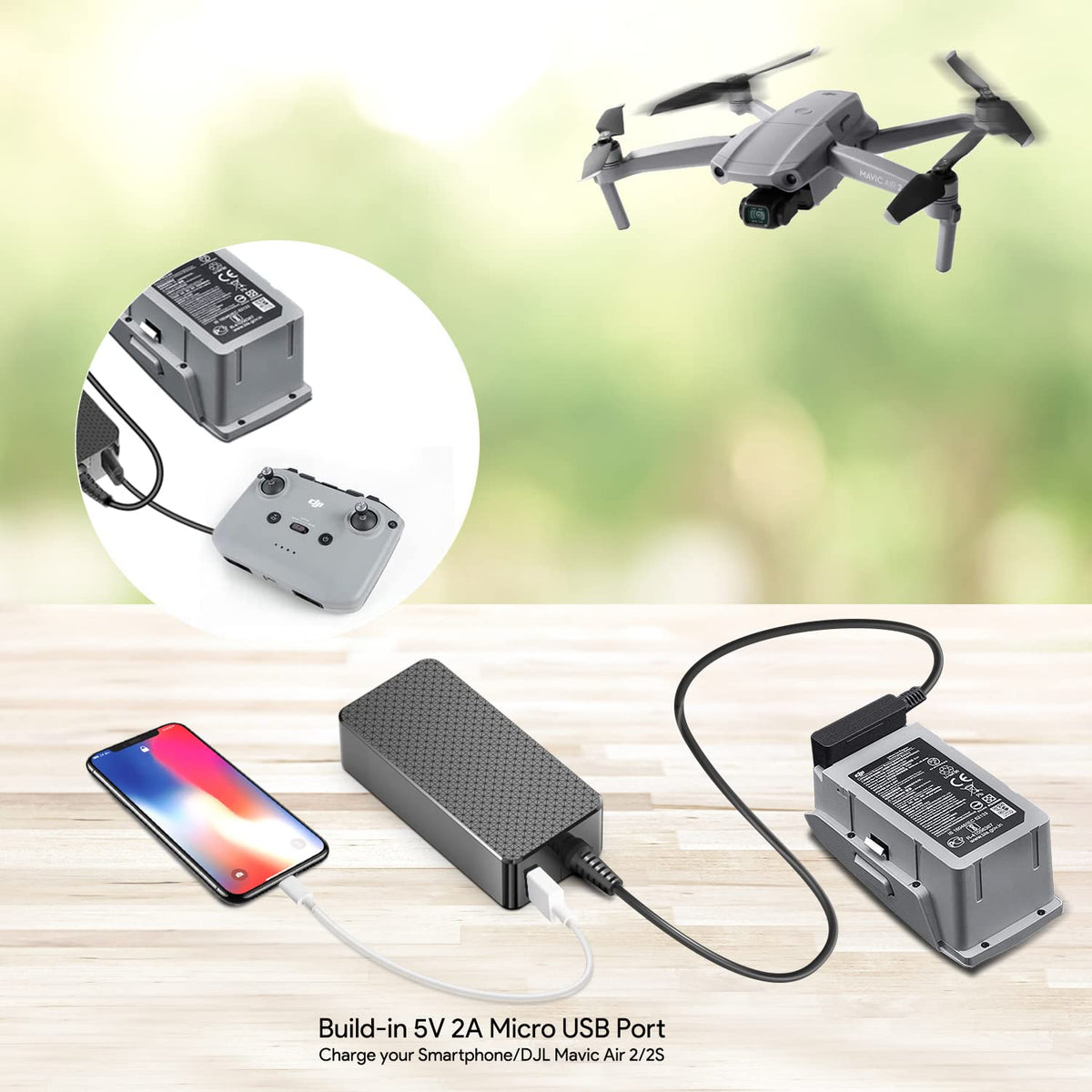 TAIFU Mavic Air 2S charger side view, compact travel friendly design