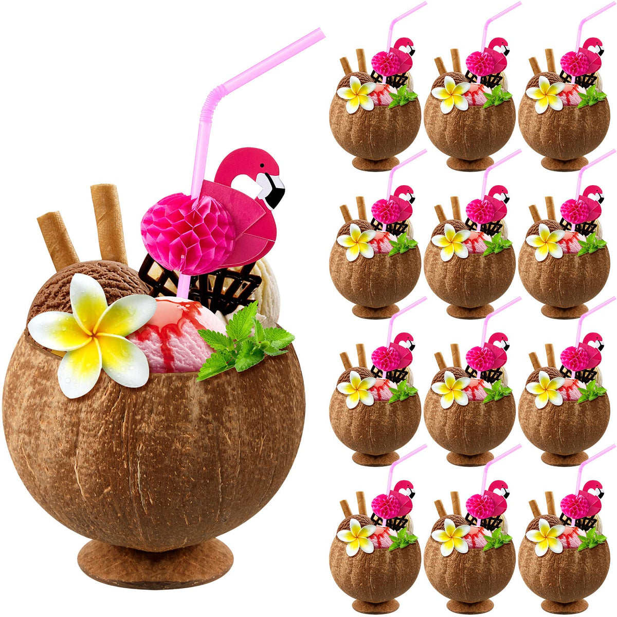 Taiyin coconut cups with flamingo straws for tropical party vibes and easy serving.