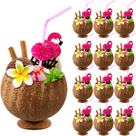 Taiyin coconut cups with flamingo straws for tropical party vibes and easy serving.