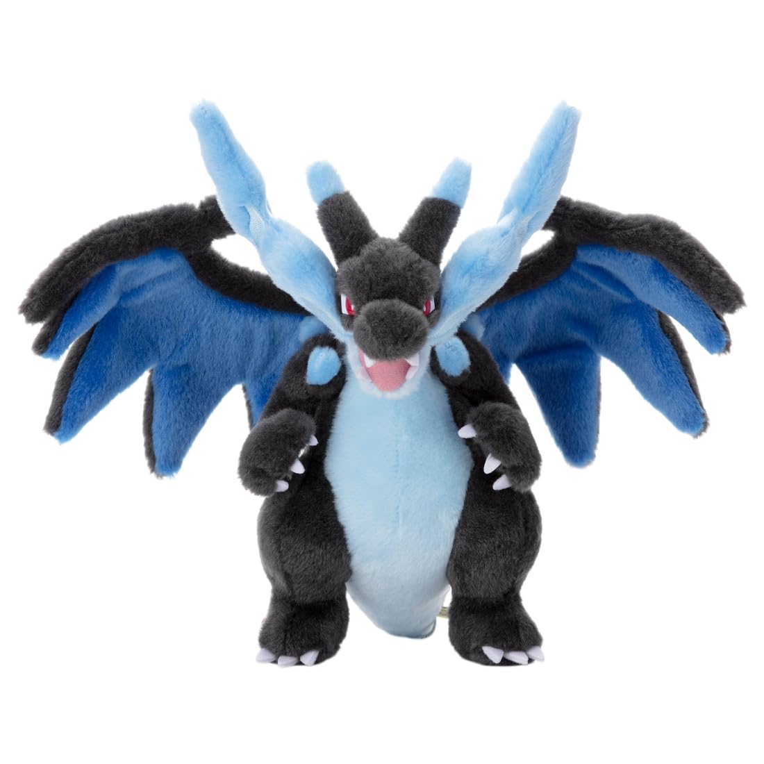 TAKARA TOMY Arts Mega Charizard X plush, front view, bold display-ready colors.