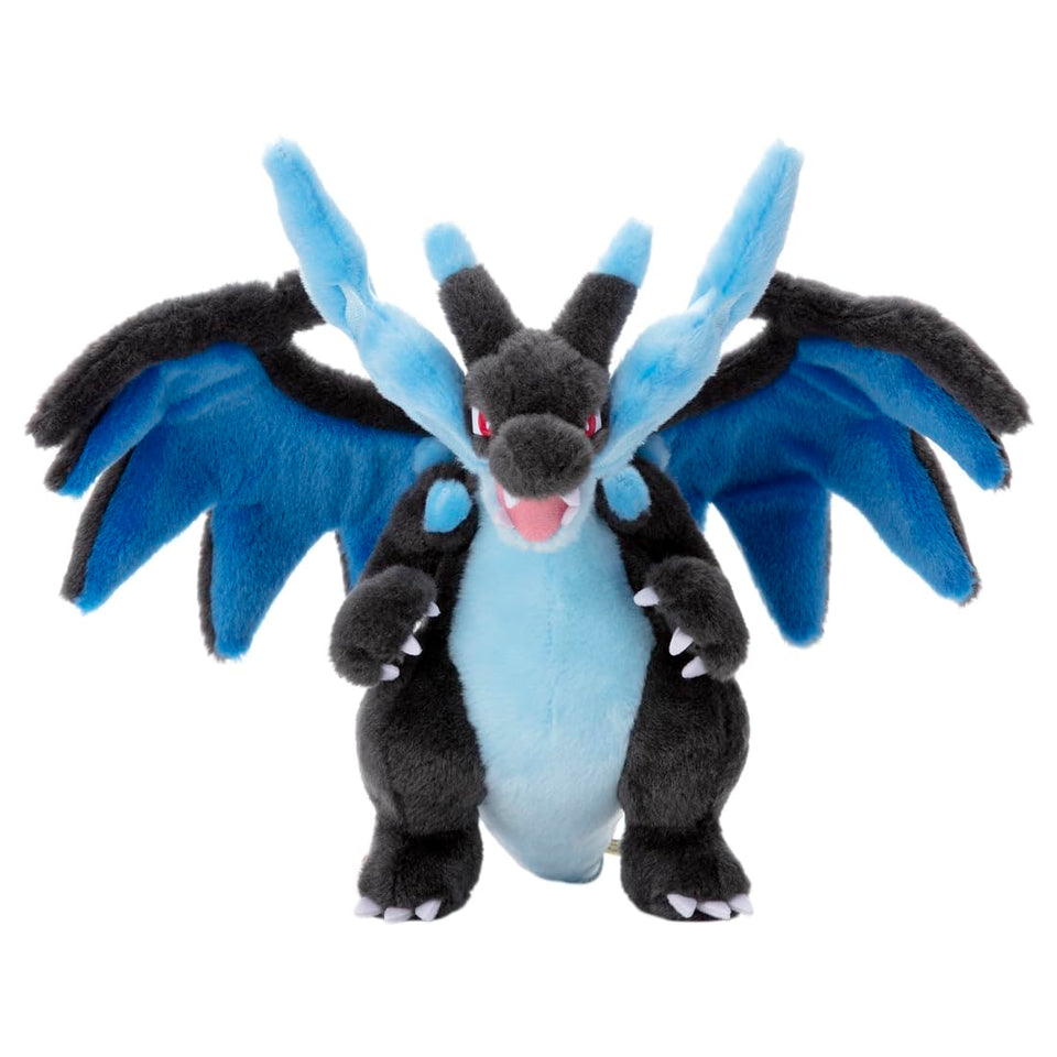 TAKARA TOMY Arts Mega Charizard X plush, front view, bold display-ready colors.