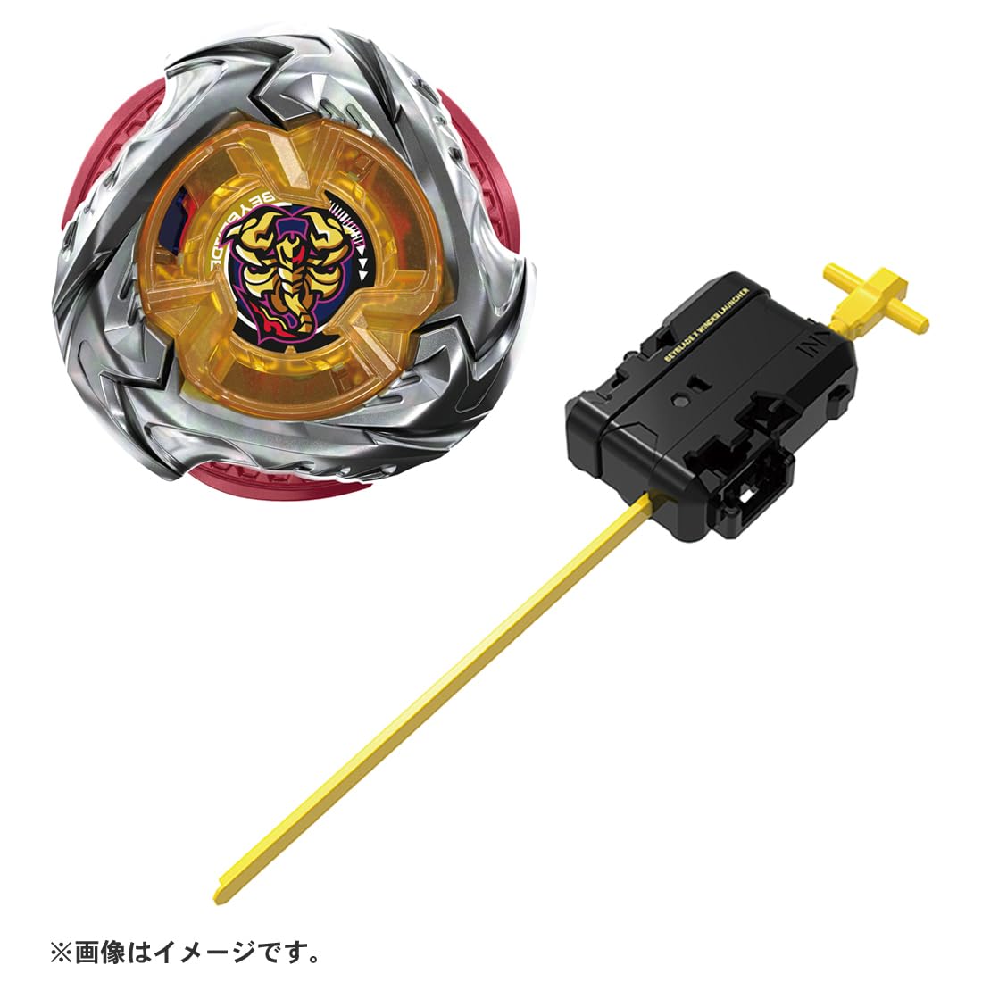 Takara Tomy Beyblade X UX-14 Scorpio Spear emblem highlights Scorpio motif and team identity.