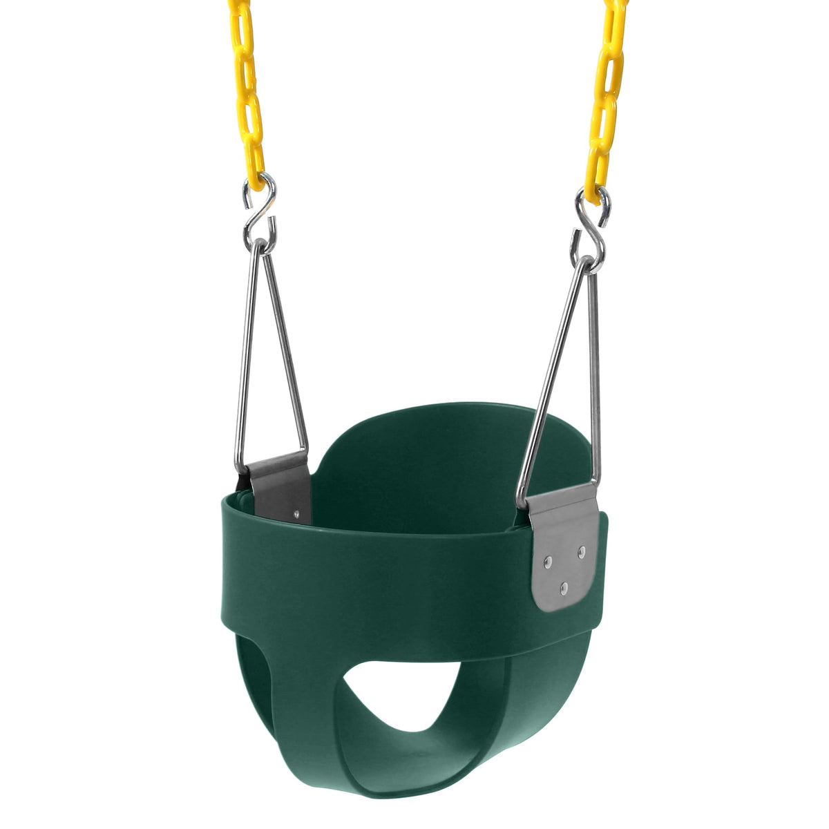 Take Me Away high-back bucket toddler swing seat with yellow-coated chains offering secure comfort.