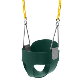 Take Me Away high-back bucket toddler swing seat with yellow-coated chains offering secure comfort.