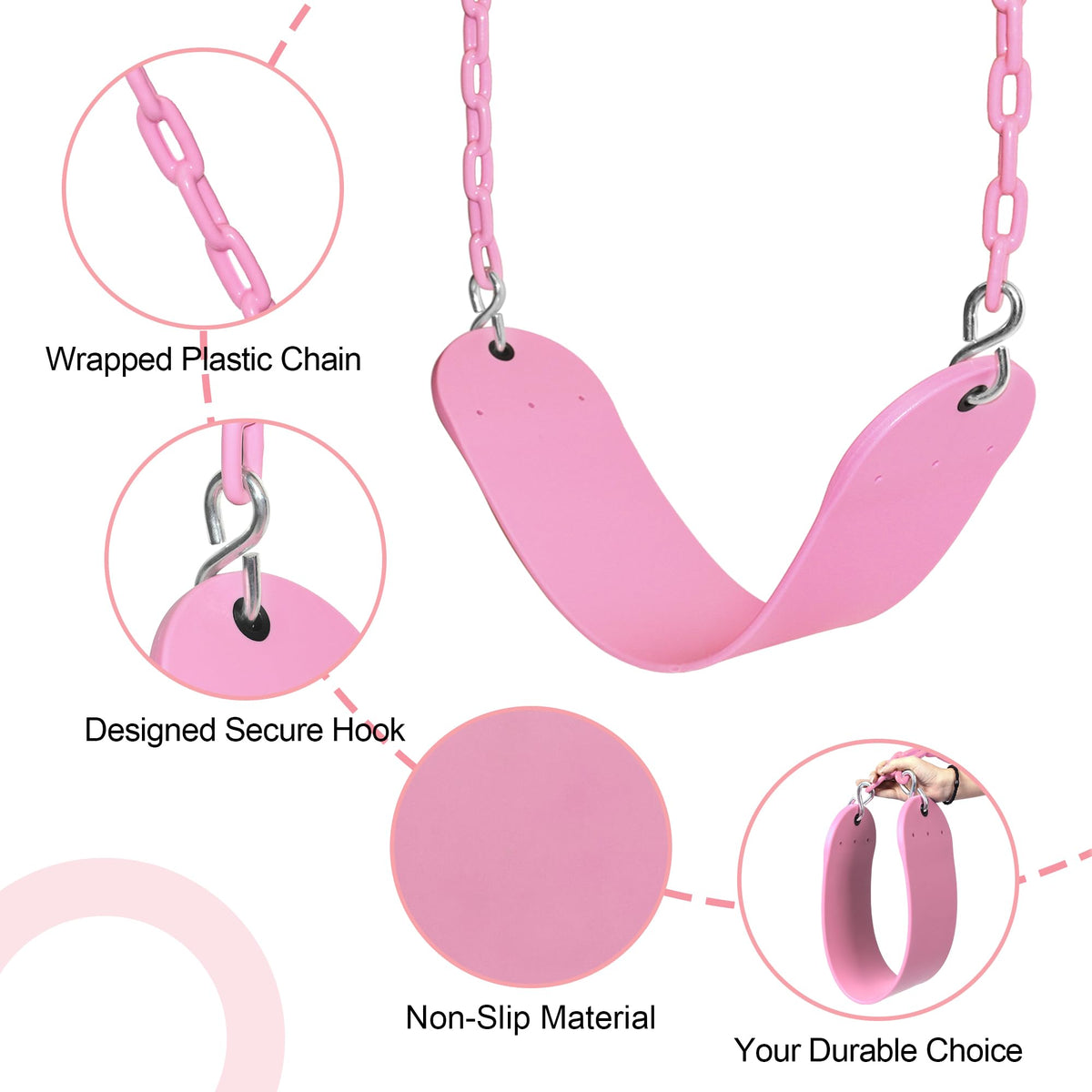 Take Me Away pink plastisol-coated chains enhance rust resistance and durability