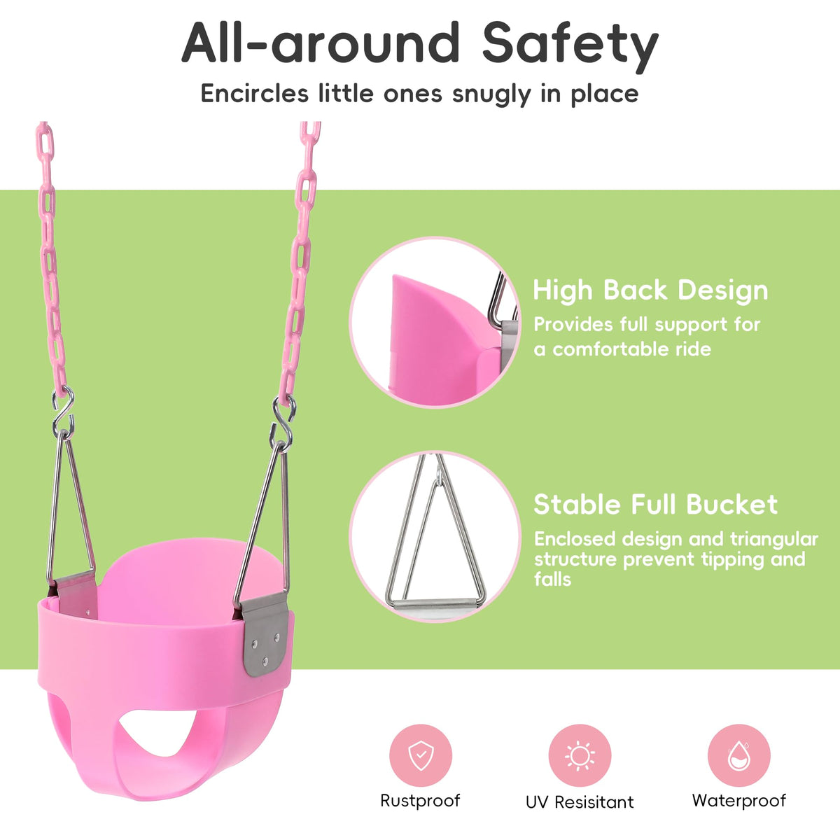 Take Me Away pink swing seat assembly instruction image emphasizing tool-free installation.