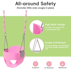 Take Me Away pink swing seat assembly instruction image emphasizing tool-free installation.