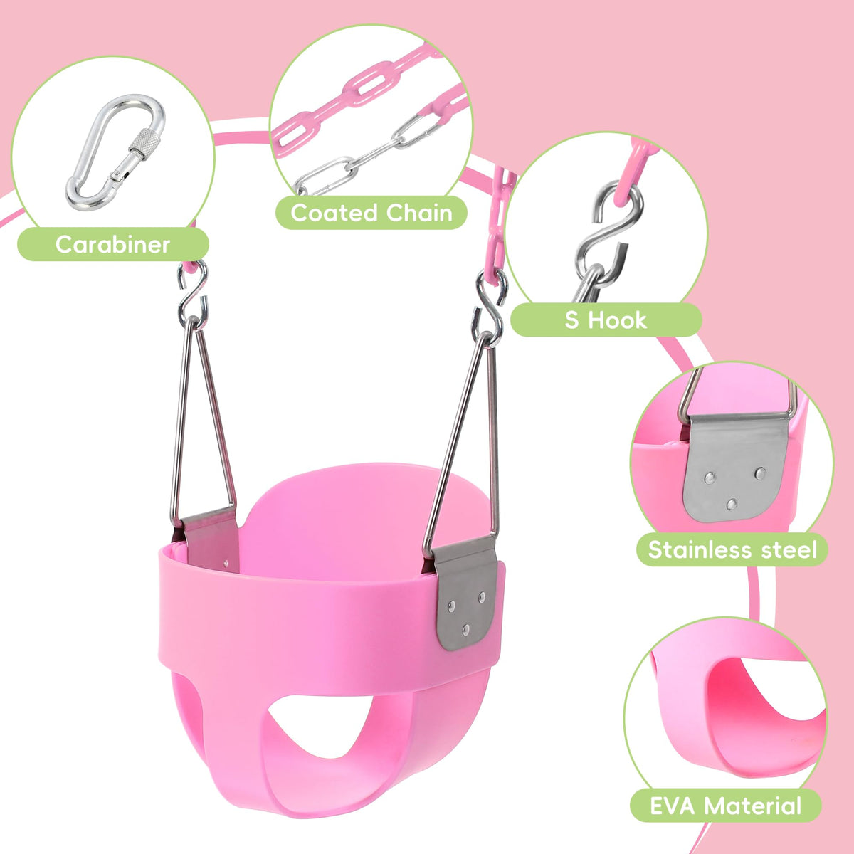 Take Me Away pink swing seat backrest detail highlighting ergonomic comfort for growing toddlers.