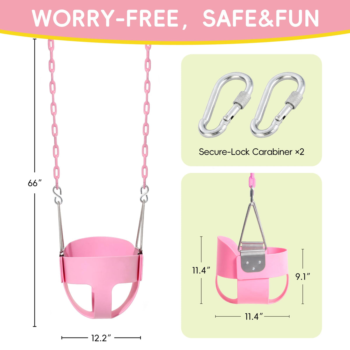 Take Me Away pink swing seat chains and carabiners show heavy-duty hardware for safe outdoor use.